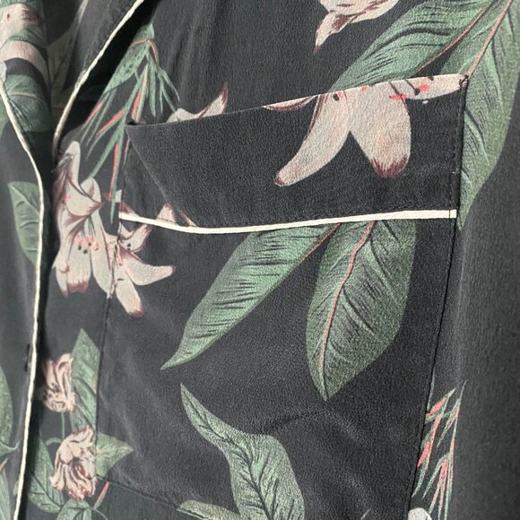 FRANK +OAK 100% Silk Dark Floral Long Sleeves Pj Style Button Front Top Sz M - Picture 6 of 8